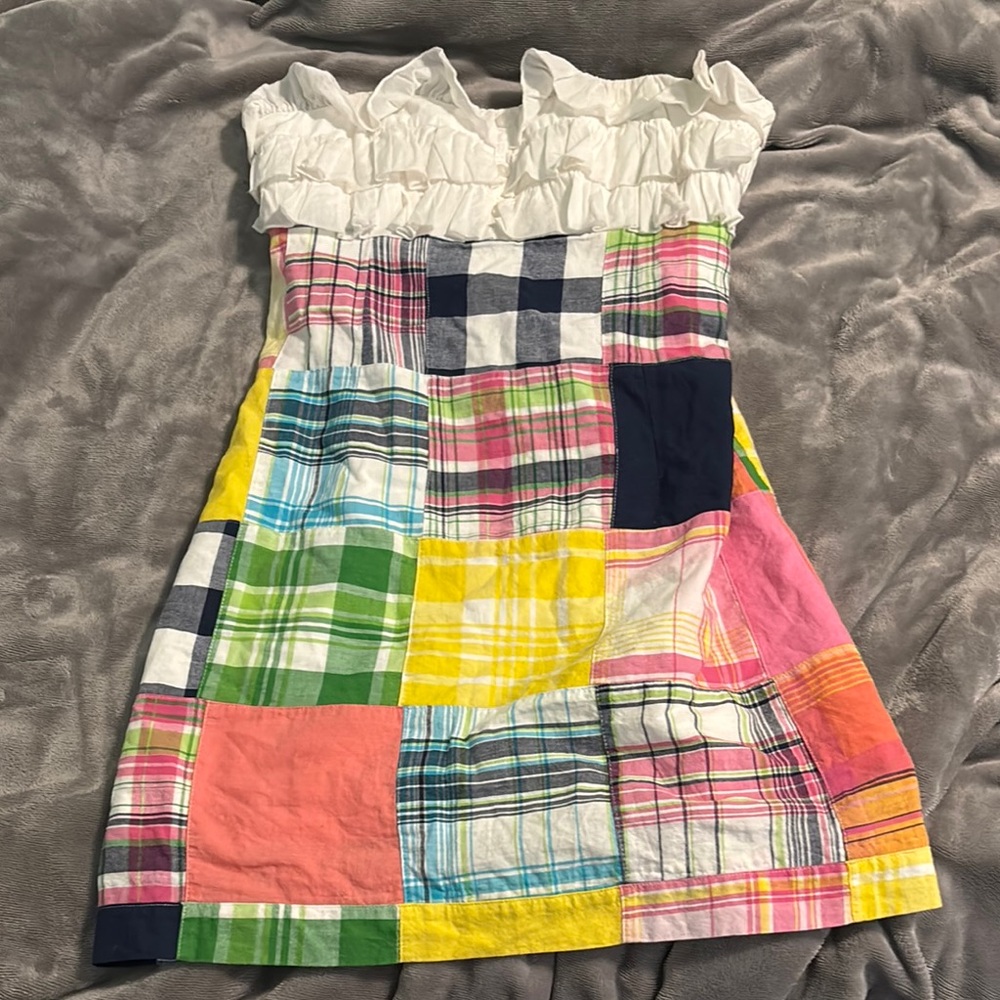 Lilly Pulitzer Pink and Yellow Ruched Ruffled Strapless Sundress